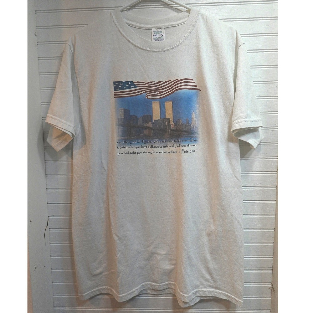 Vintage Twin Towers T-shirt Sz Large American Patriotic Scripture Fashion Gear
